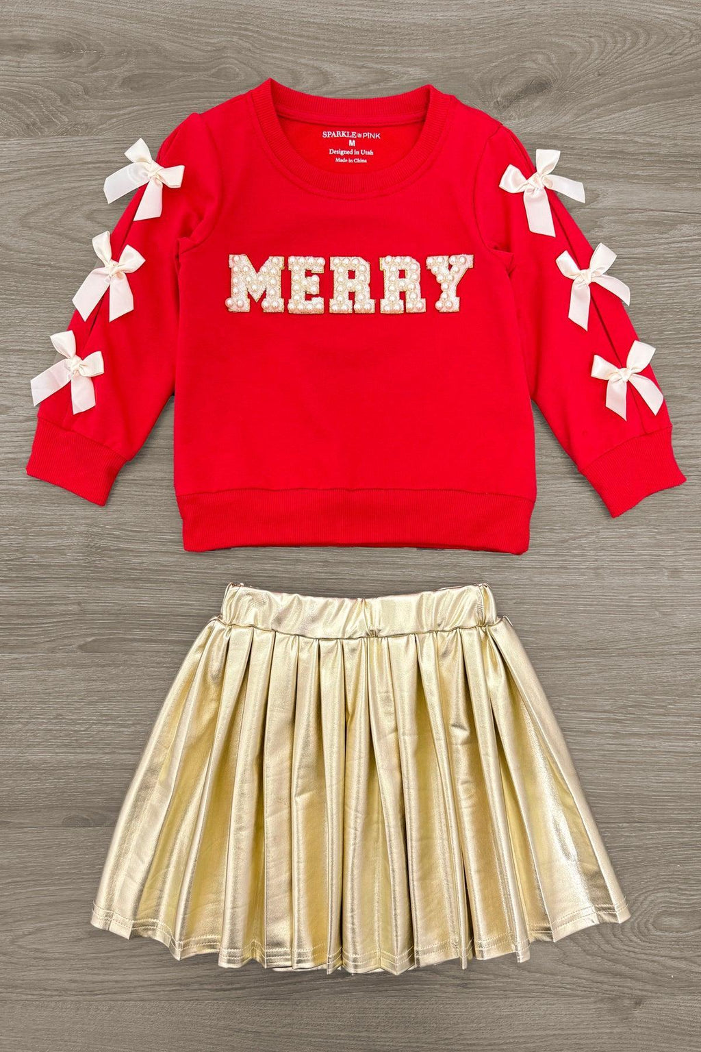 "Merry" Pearl Bow Metallic Skirt Set | Sparkle in Pink