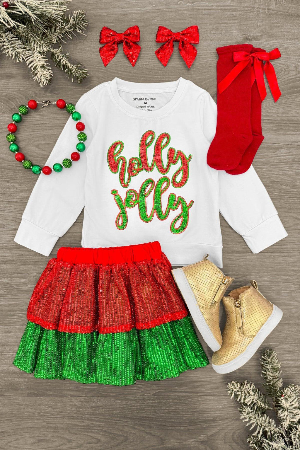 "Holly Jolly" Red & Green Sequin Skirt Set | Sparkle in Pink
