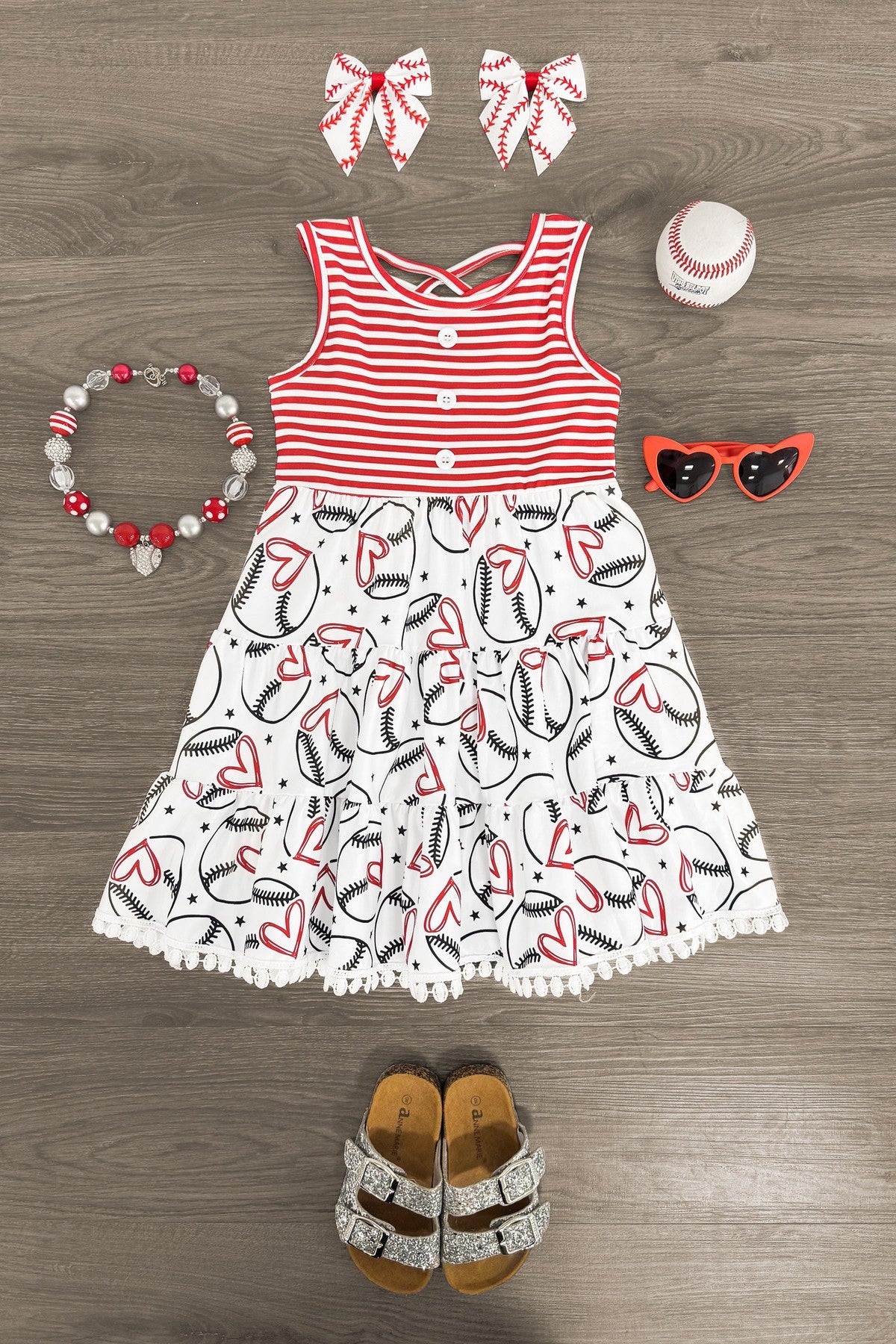 Striped Baseball Heart Dress XXS-12-18 Months Striped Baseball Heart Dress XXS-12-18 Months