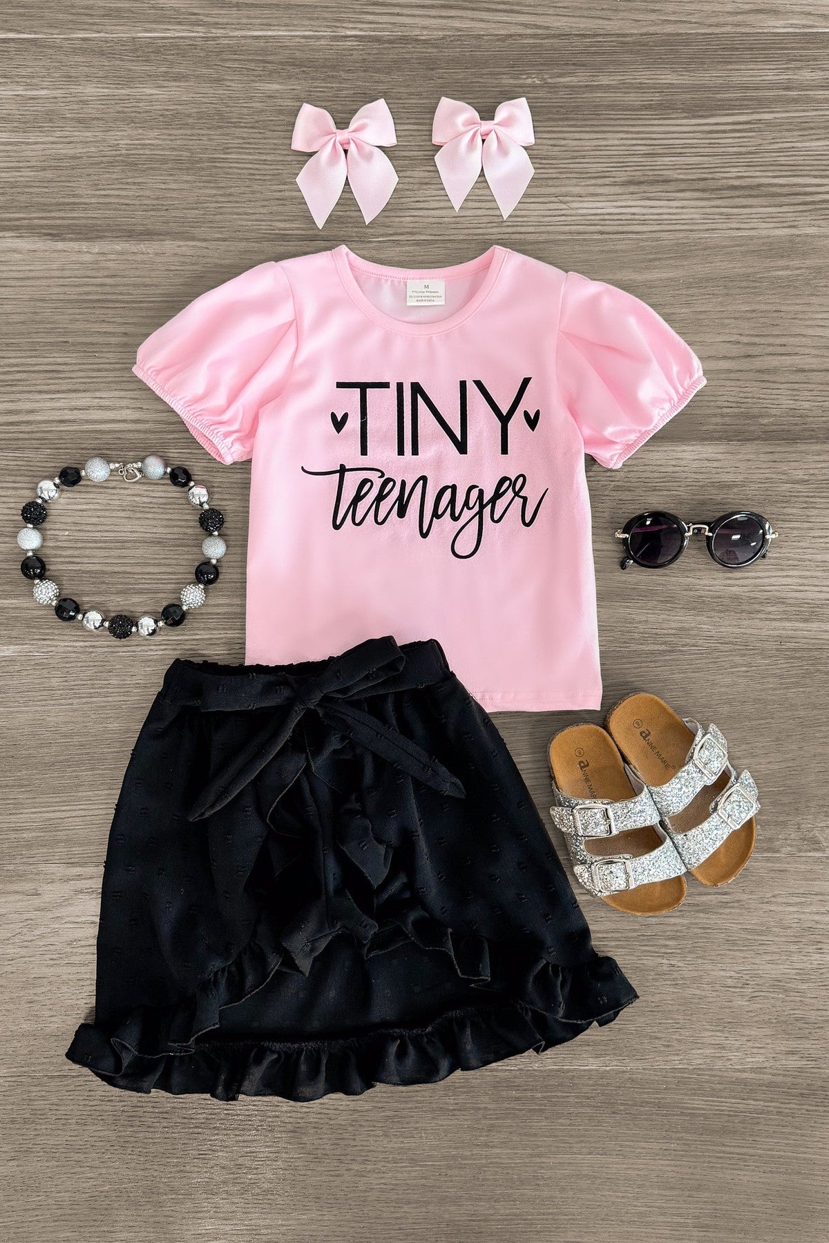 "Tiny Teenager" Black Hi-Low Skort Set - Sparkle in Pink