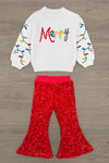 "Merry" Knit Sweater Red Sequin Flare Set