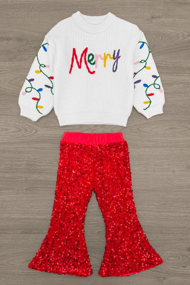 "Merry" Knit Sweater Red Sequin Flare Set