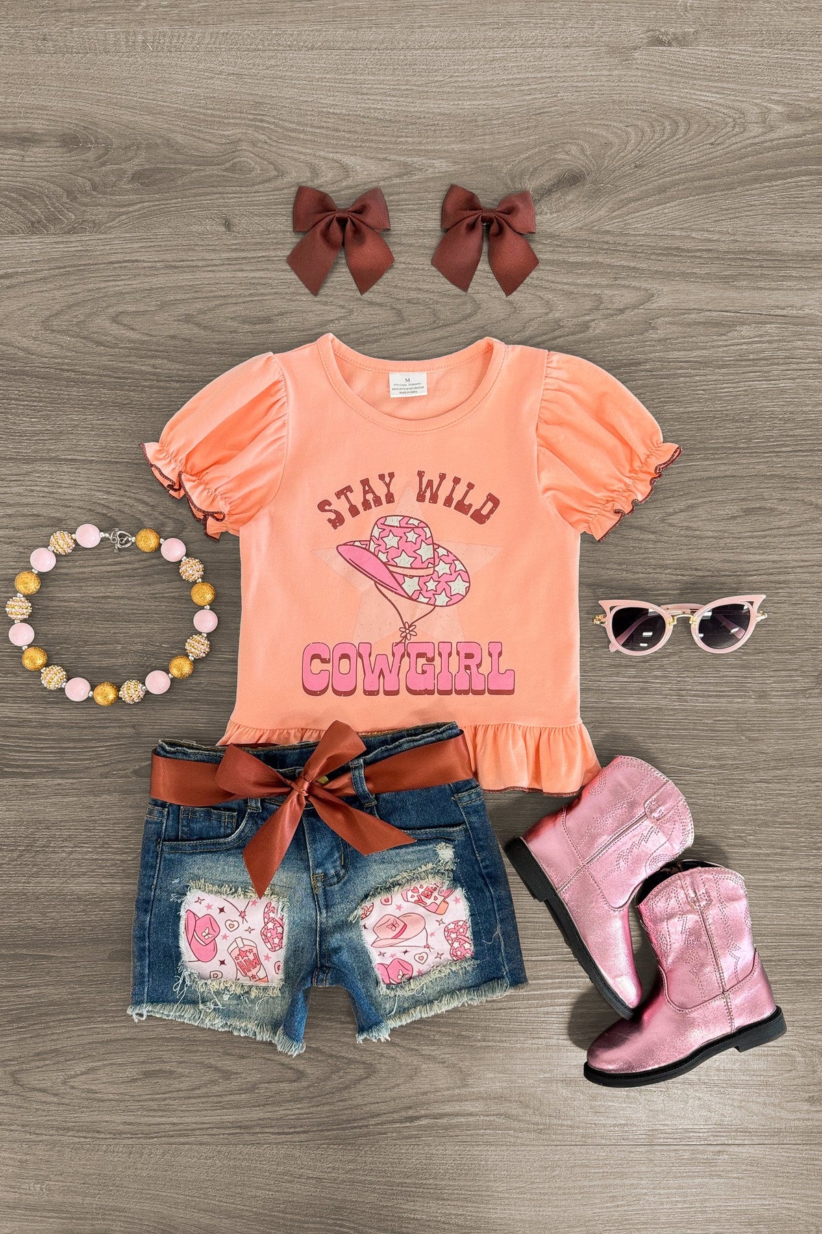 "Stay Wild Cowgirl" Denim Short Set - Sparkle in Pink