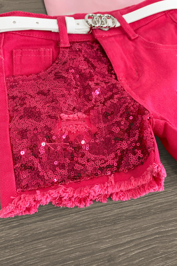"Let's Go Party" Pink Denim Short Set - Sparkle in Pink