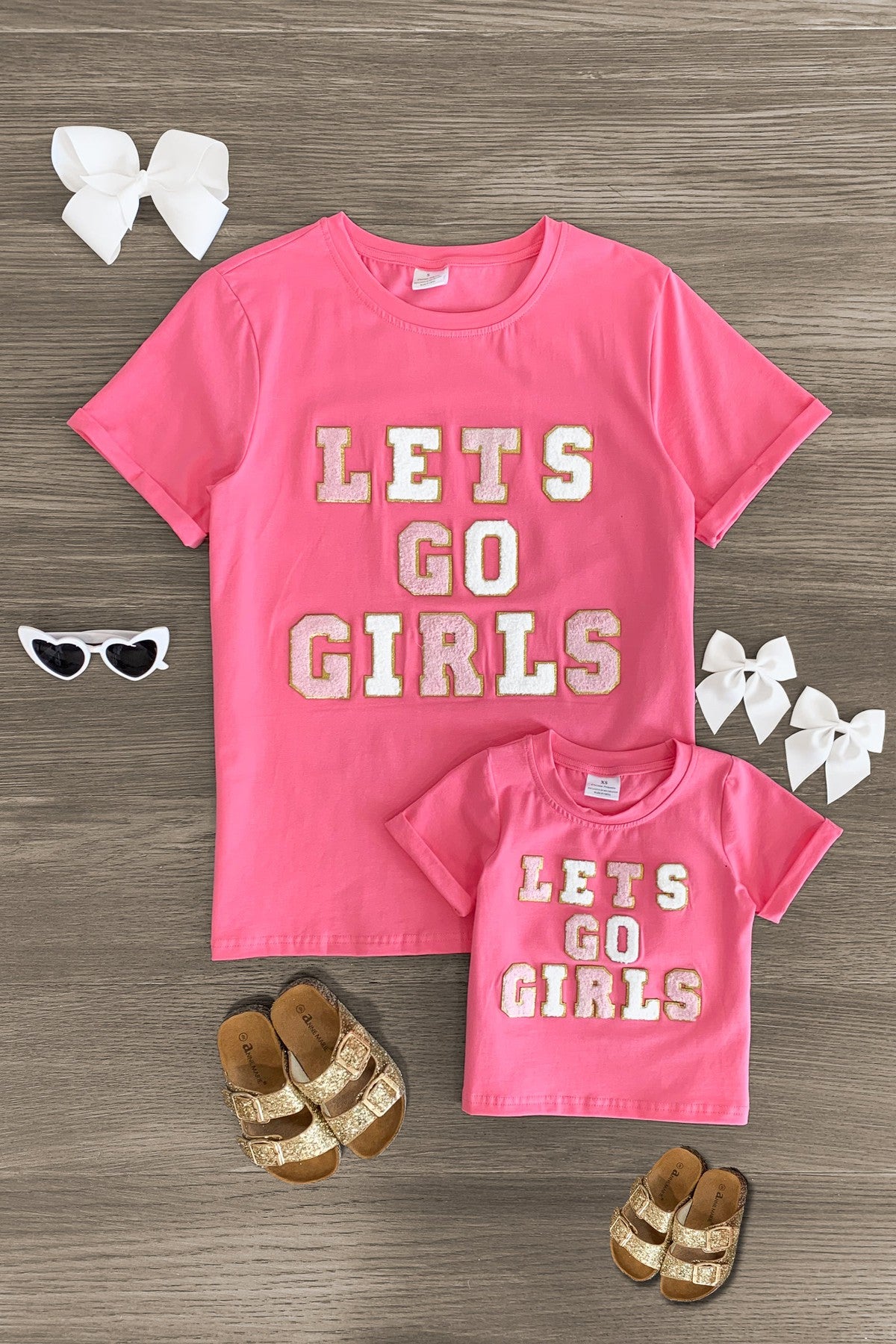 Mom & Me - "Let's Go Girls" Pink Chenille Patch Top - Sparkle in Pink