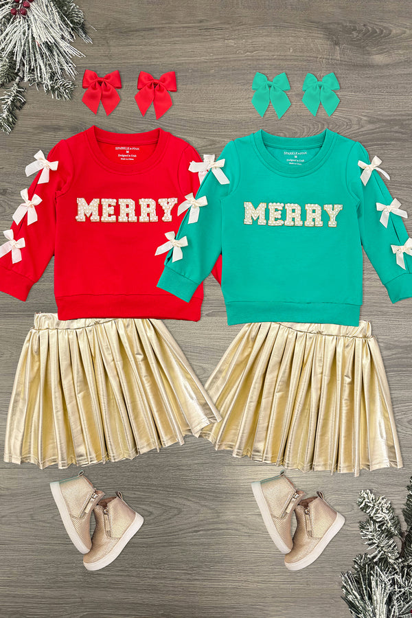 "Merry" Pearl Bow Metallic Skirt Set | Sparkle in Pink