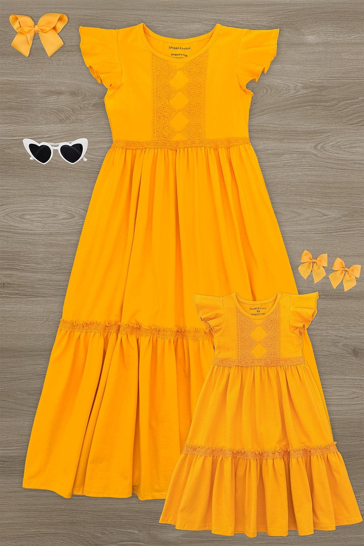 lace dress mustard Shakeera High-Low Hem Lace Dress Mustard