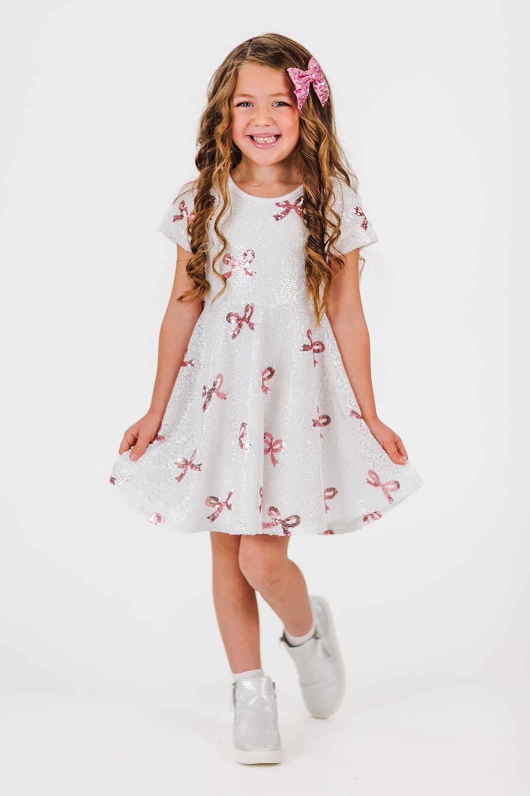 White & Pink Sequin Bow Dress XXL-7/8 Years White & Pink Sequin Bow Dress XXL-7/8 Years