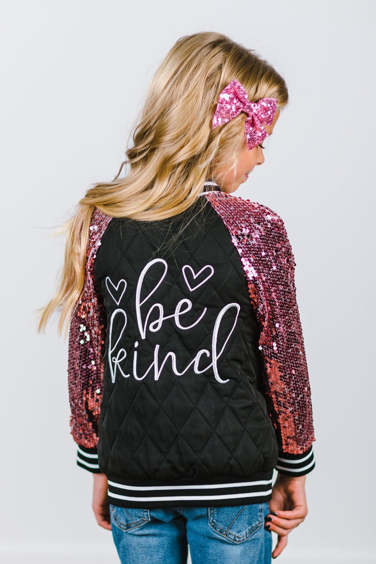 Be Kind Black & Pink Sequin Bomber Jacket