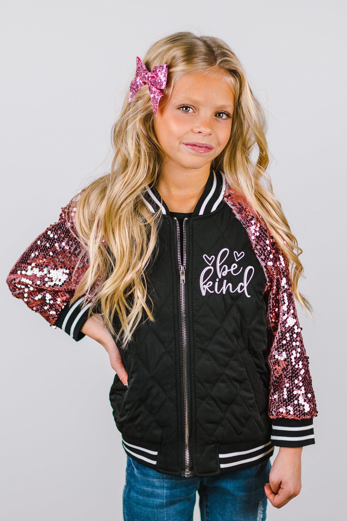 Be Kind Black & Pink Sequin Bomber Jacket | Sparkle in Pink