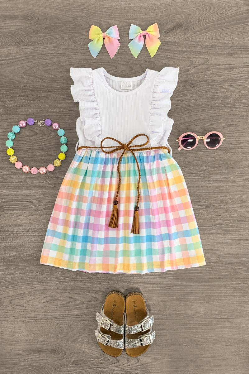 White Pastel Rainbow Plaid Dress - Sparkle in Pink