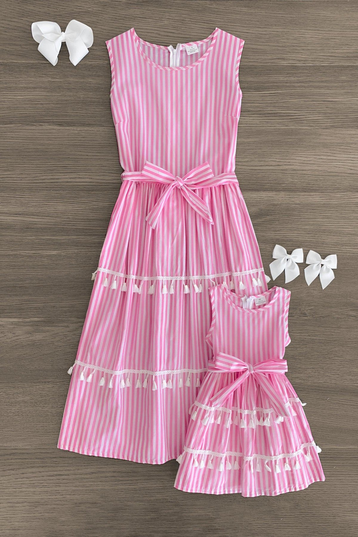 Mom & Me - Pink & White Stripe Tassel Dress - Sparkle in Pink