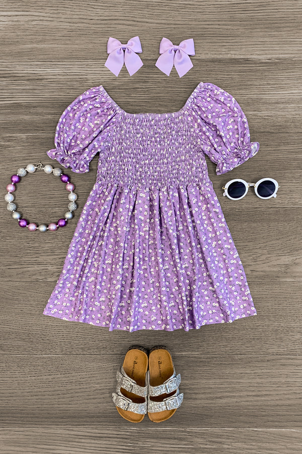 Purple Ditsy Floral Smocked Dress - Sparkle in Pink