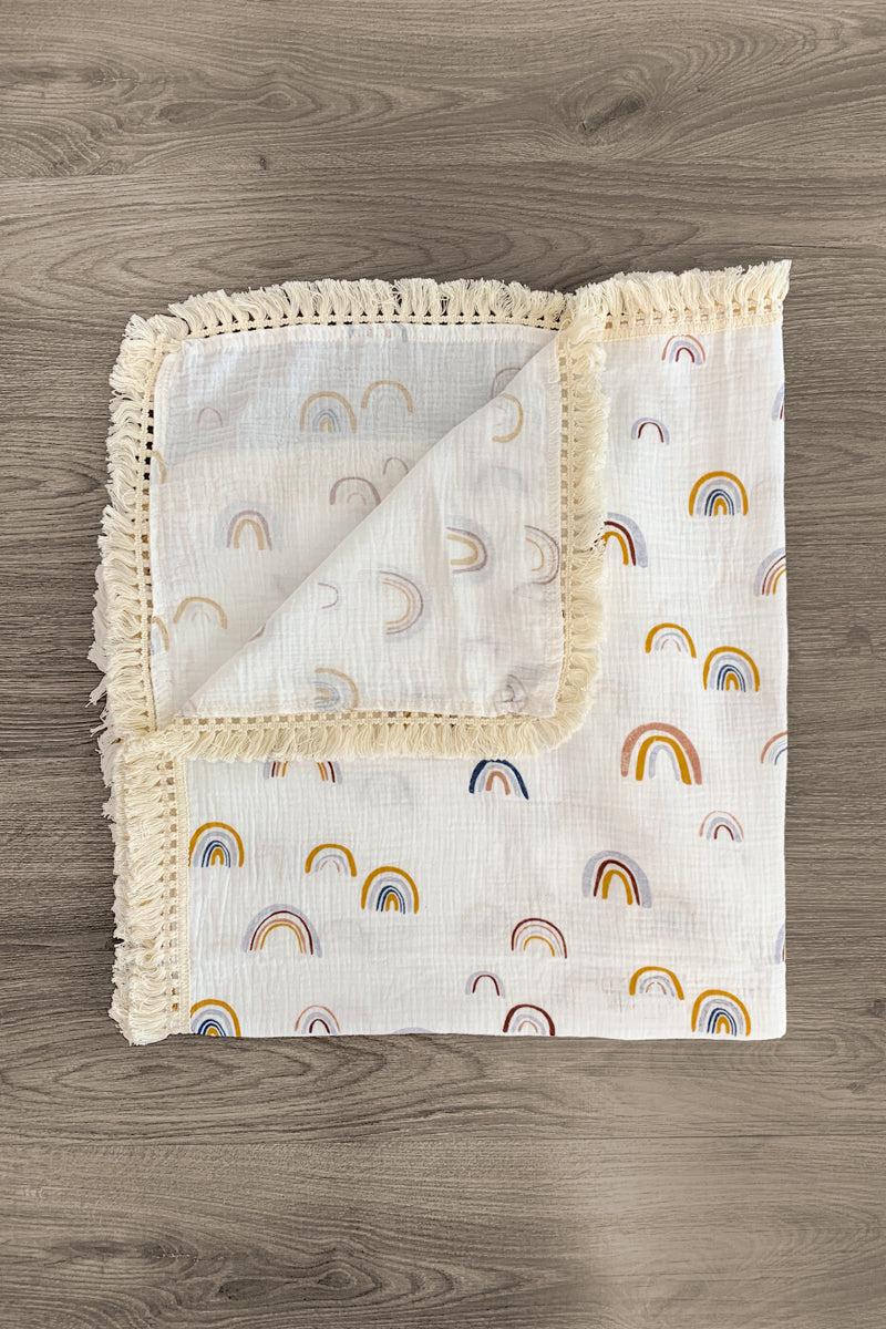 White Rainbow Muslin Blanket - Sparkle in Pink