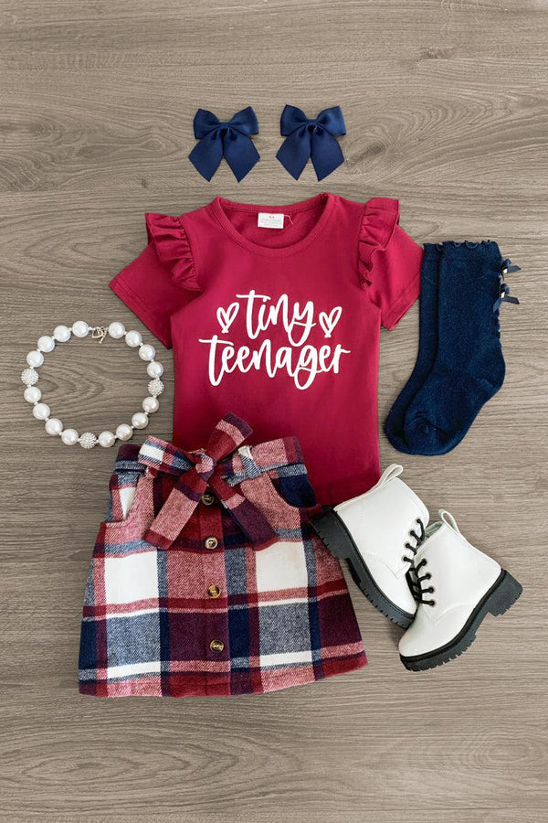 "Tiny Teenager" Burgundy Plaid Skirt Set - Sparkle in Pink