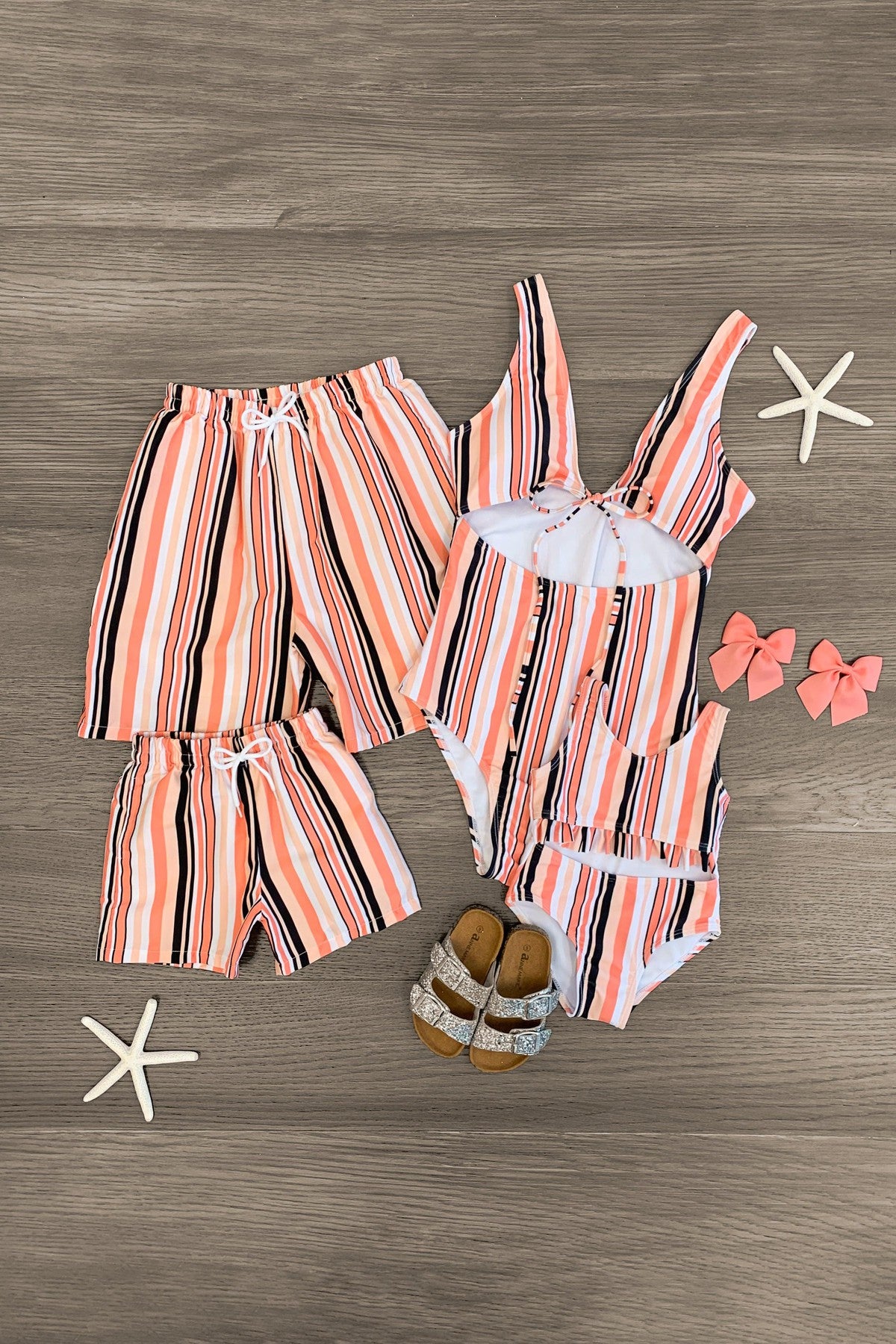 Coral Striped Family Swimsuits - Sparkle in Pink