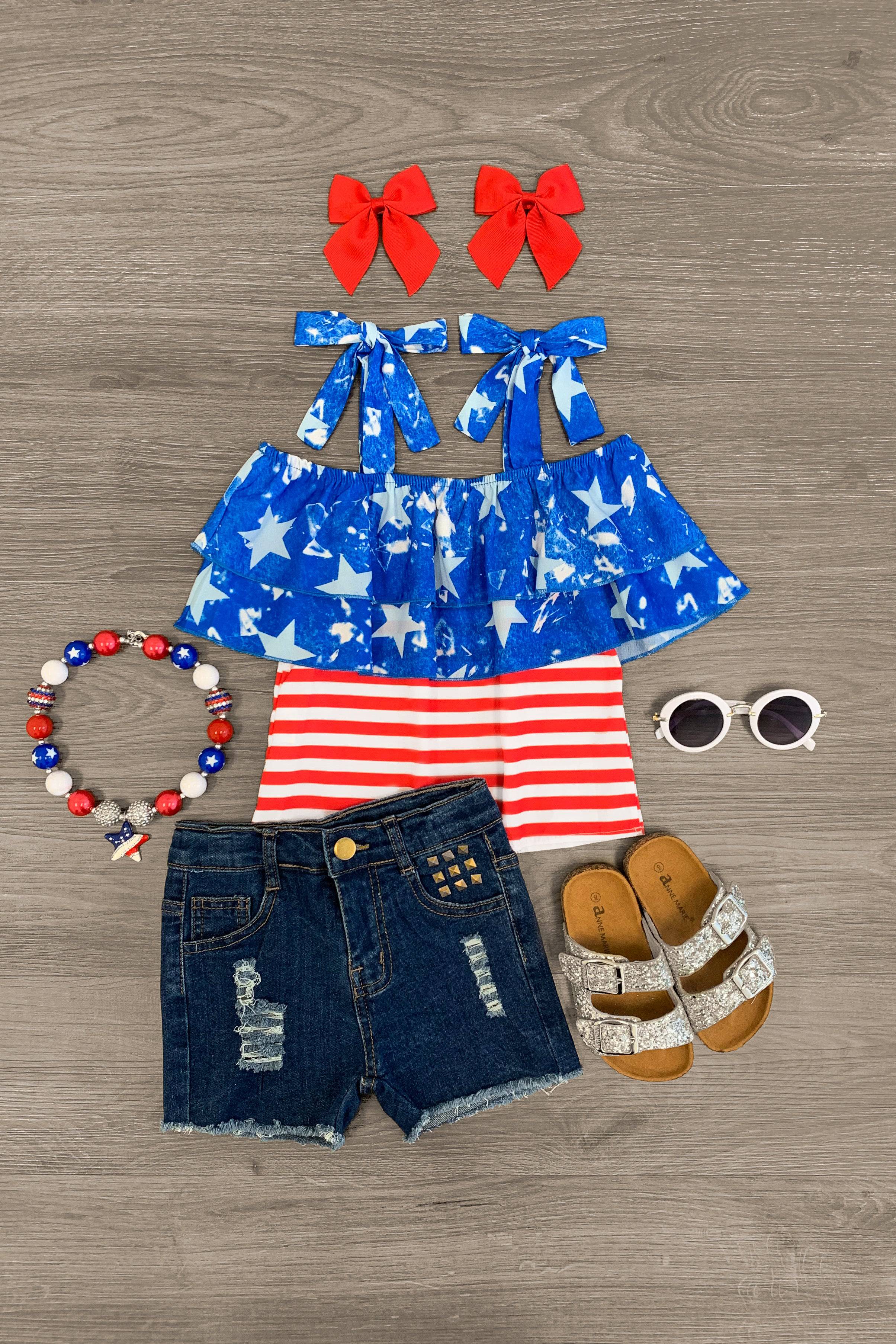 American Flag Cold Shoulder Denim Short Set | Sparkle In Pink