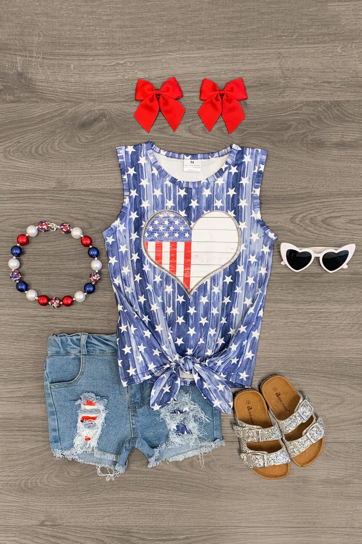 American Flag Heart Distressed Denim Short Set | Sparkle In Pink