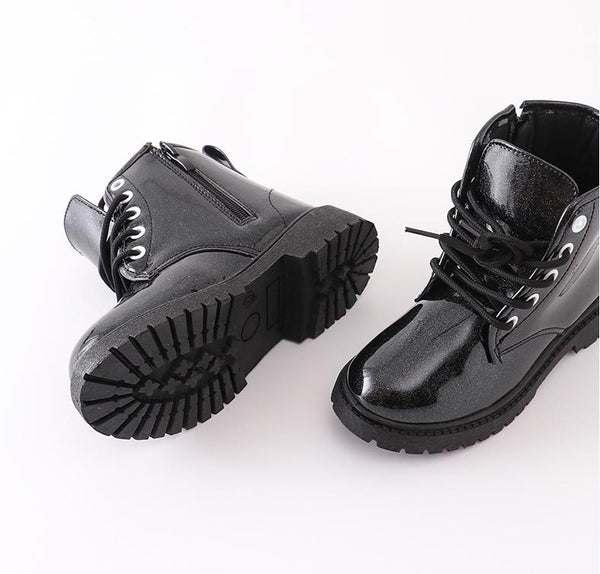 Black Glitter Lace-Up Combat Boots - Sparkle in Pink