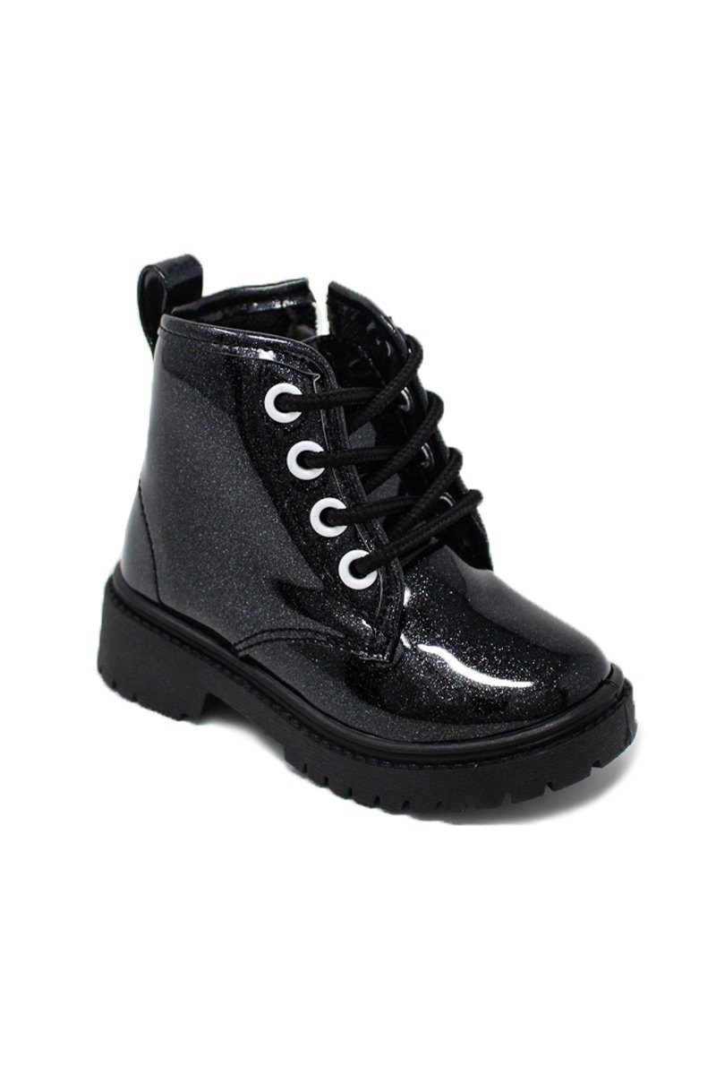 Black Glitter Lace-Up Combat Boots - Sparkle in Pink
