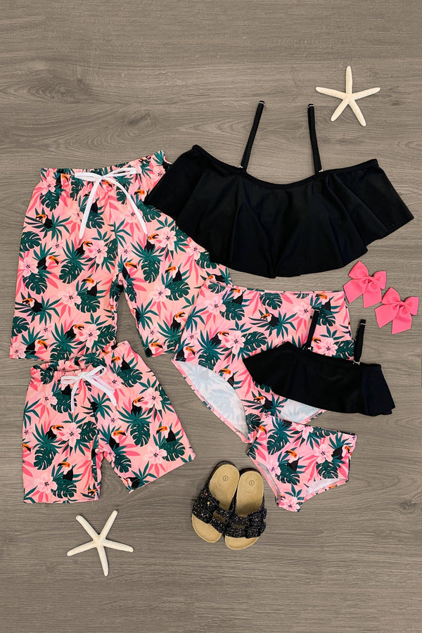 Black & Pink Tropical Family Swimsuits - Sparkle in Pink