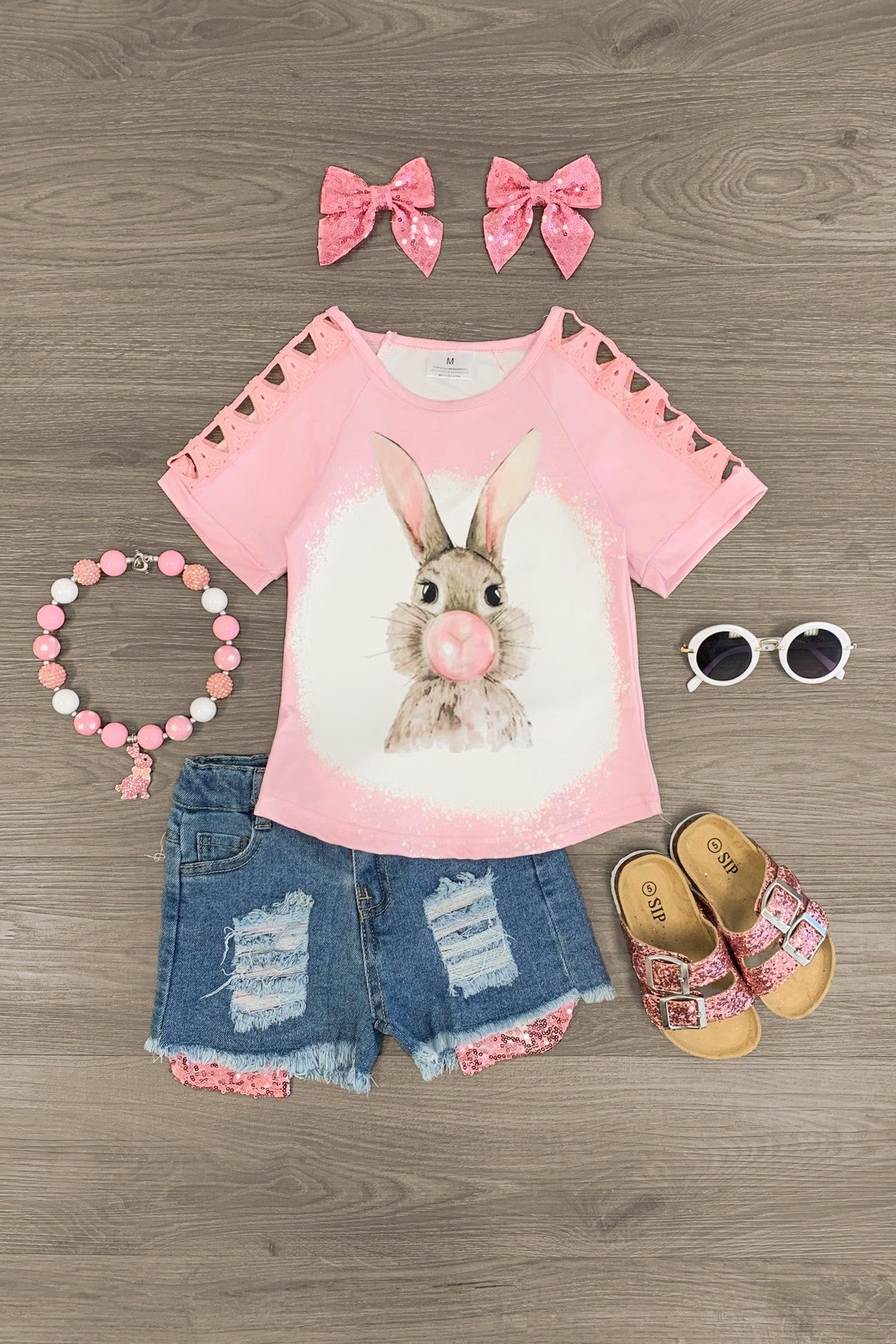 Bubblegum Bunny Distressed Denim Short Set - Sparkle in Pink