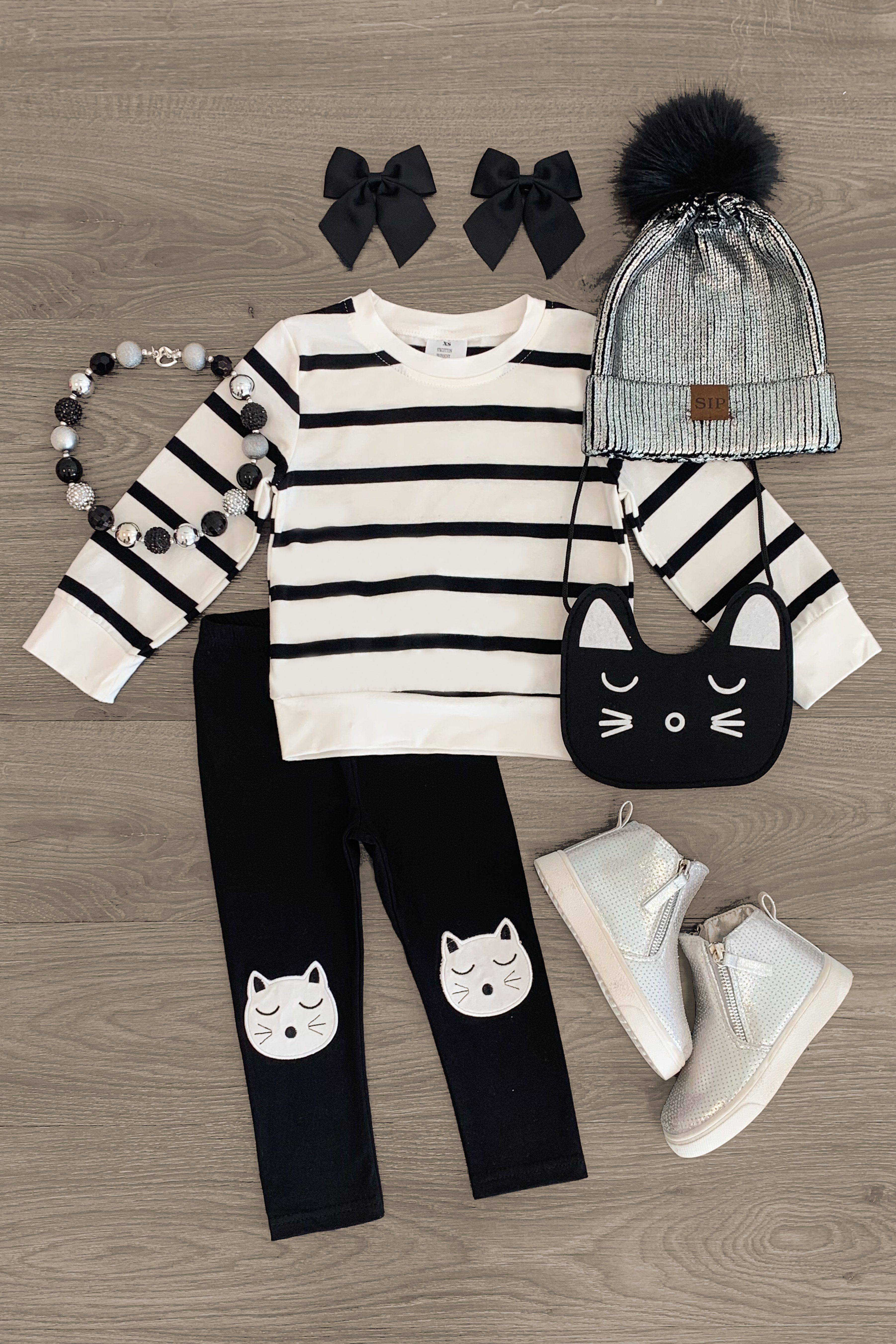 Black & White Striped Cat Legging Set