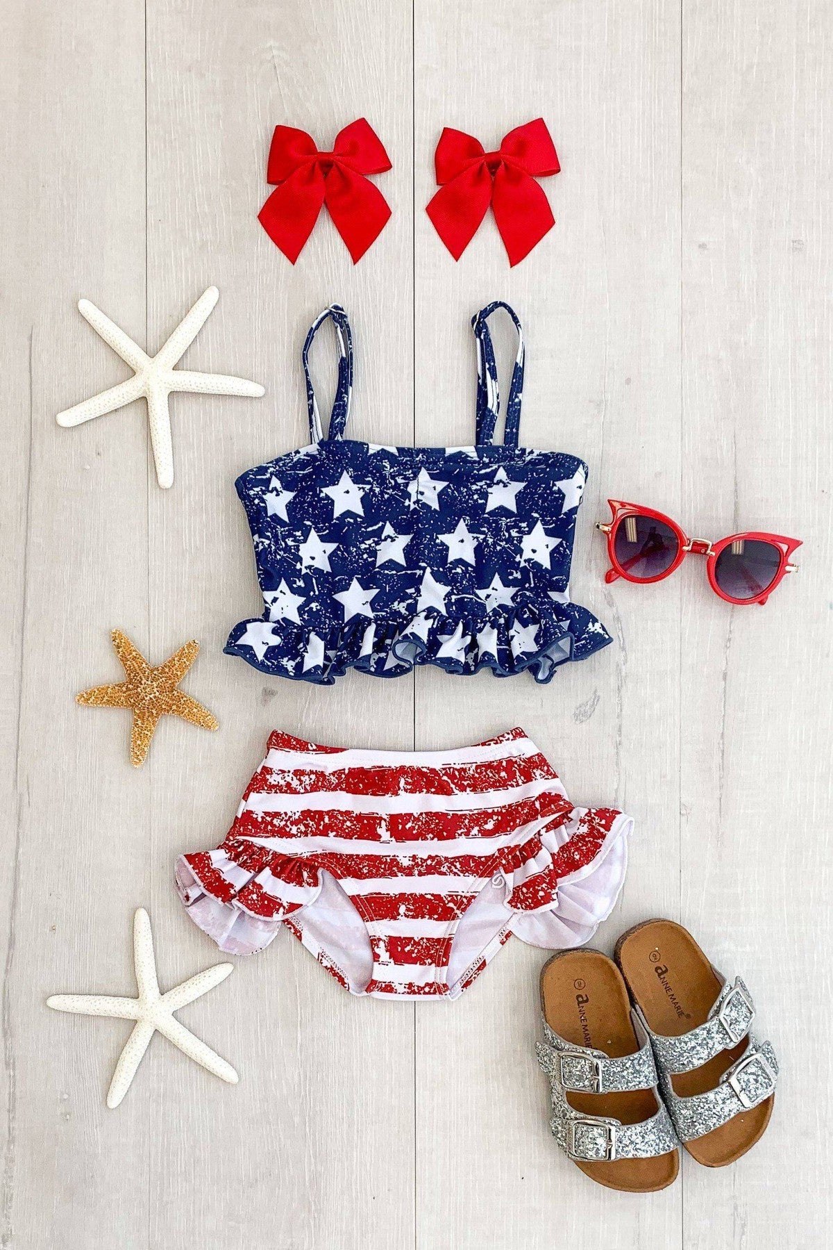 Distressed Flag High-Waisted Swimsuit Set - Sparkle in Pink