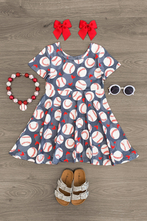 Gray Baseball Hearts Dress - Sparkle in Pink