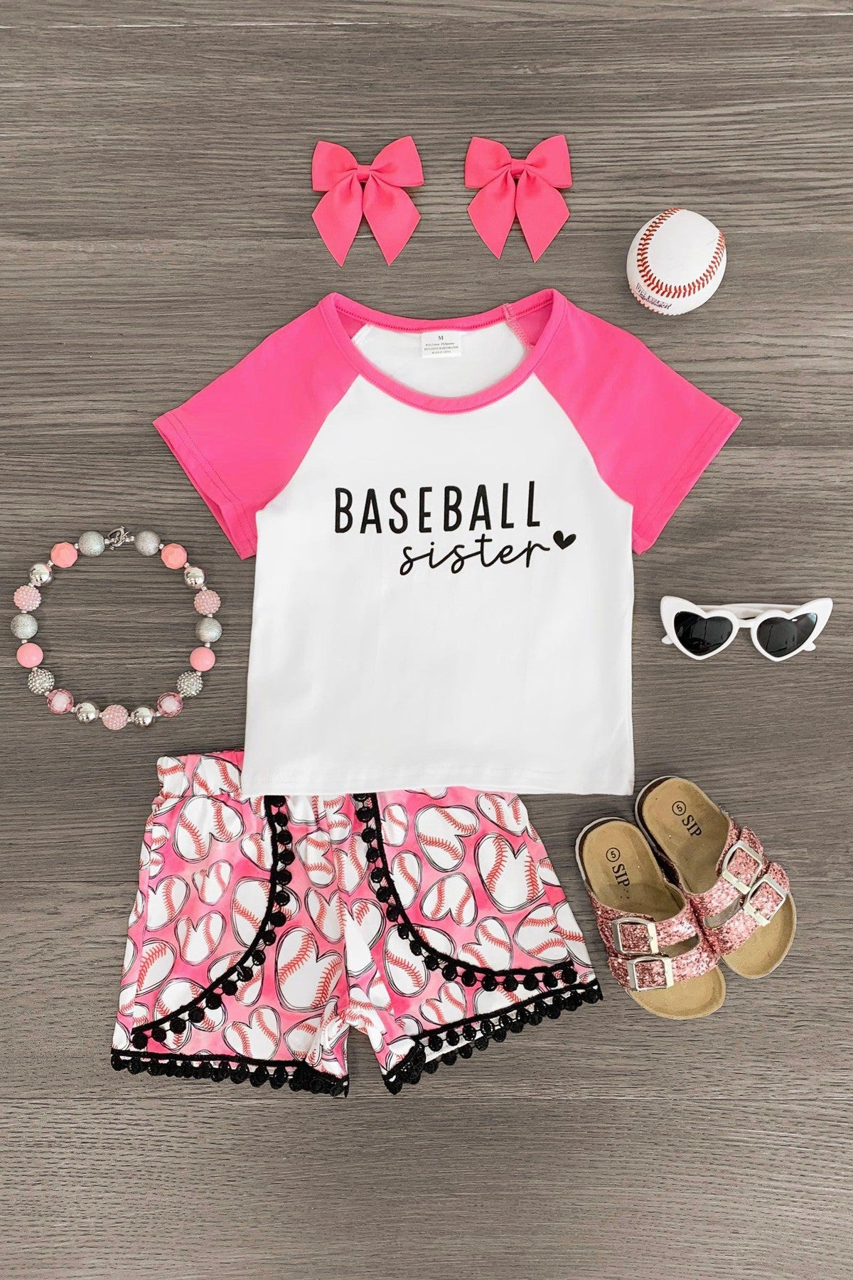 Baseball Sister Pink Heart Short Set