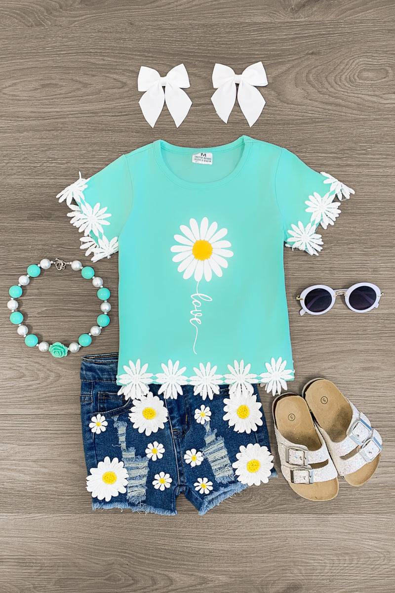 "Love" Lace Daisy Denim Short Set Sparkle In Pink