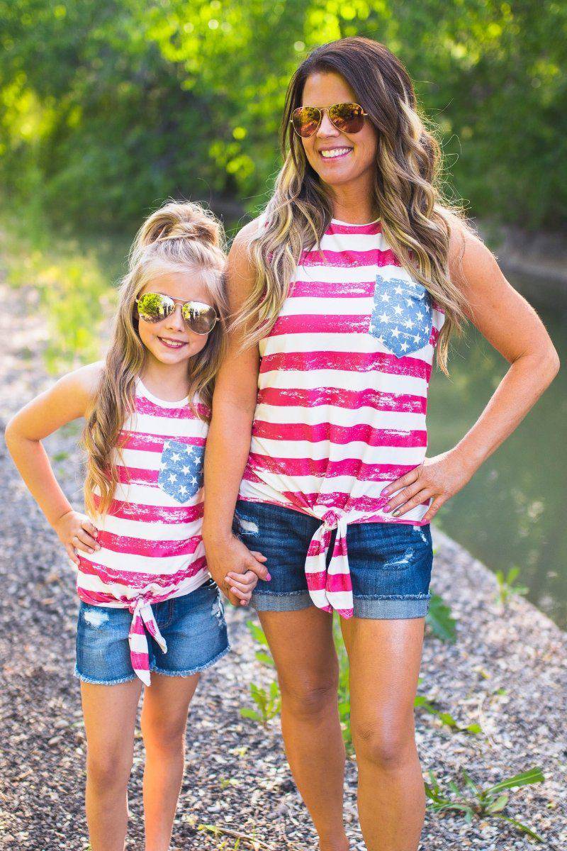 Mom & Me - Distressed Flag Tie Tank - Sparkle in Pink