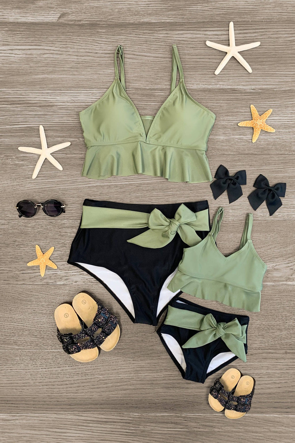 Mom & Me - Olive Green & Black Tie Bikini - Sparkle in Pink
