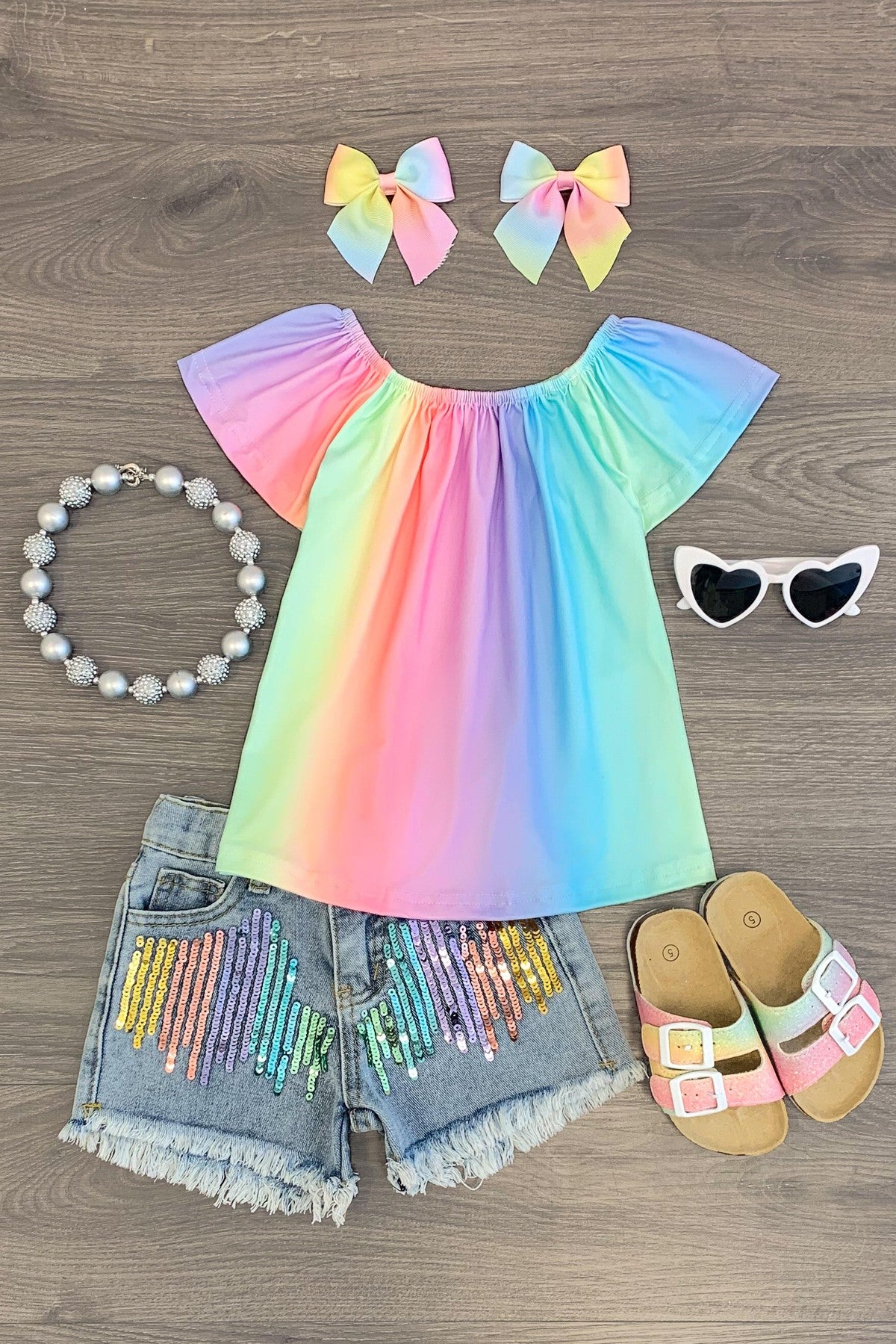Pastel Rainbow Sequin Denim Short Set - Sparkle in Pink