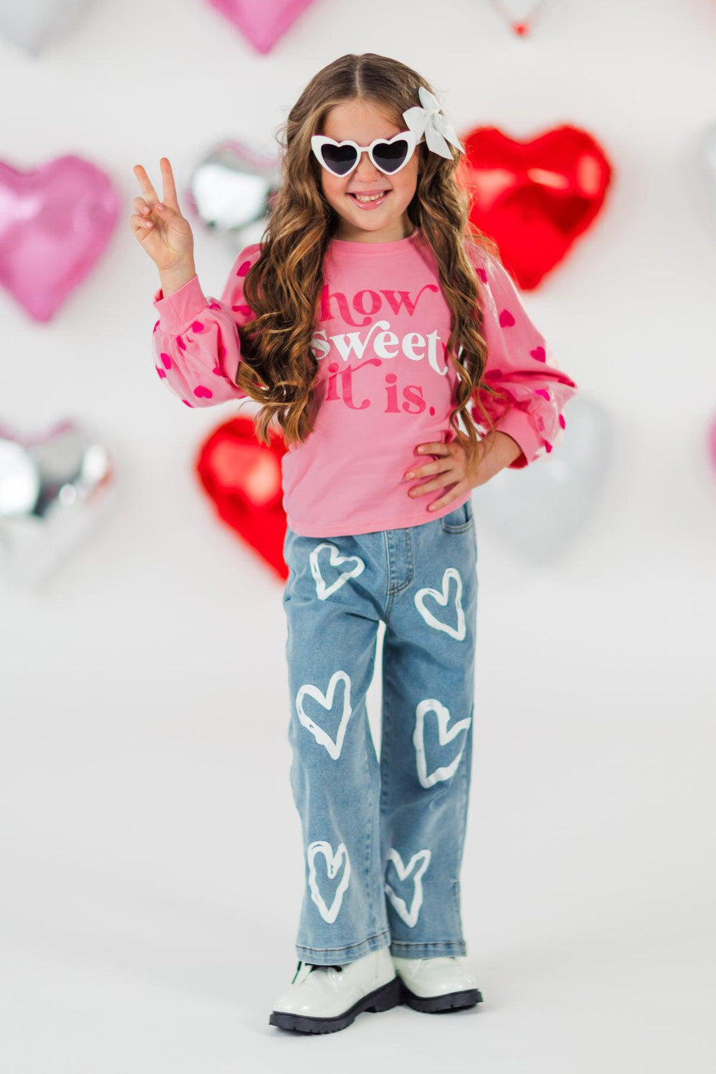 "How Sweet It Is" Heart Denim Pant Set | Sparkle in Pink