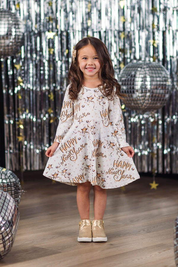 Happy New Years" White & Gold Dress | Girls' New Years Clothing Sparkle In Pink Happy New Years" White & Gold Dress | Girls' New Years Clothing Sparkle In Pink