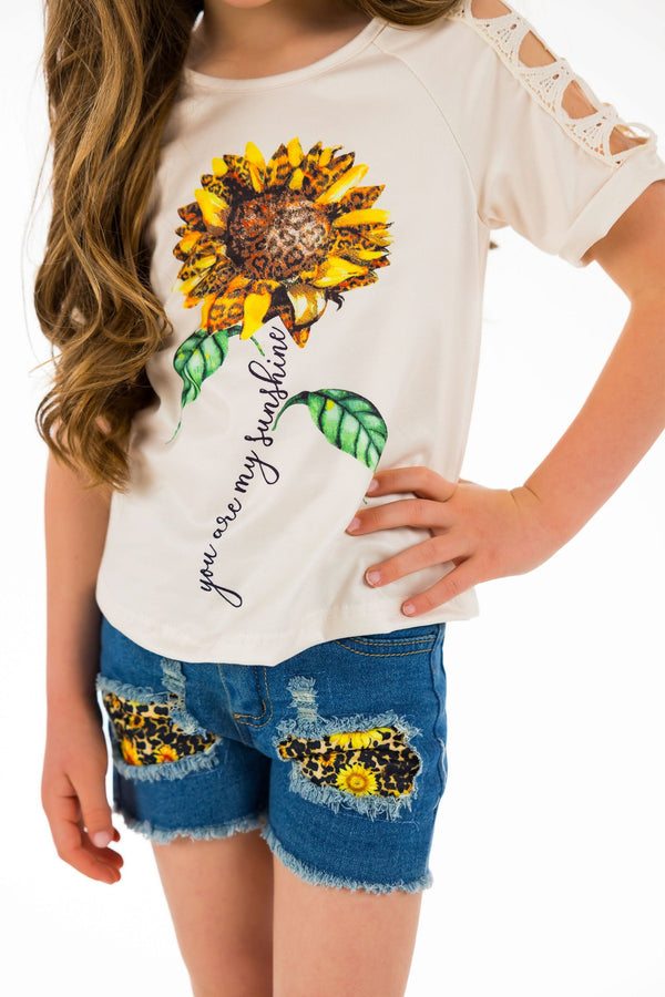 "You Are My Sunshine" Crochet Denim Short Set - Sparkle in Pink
