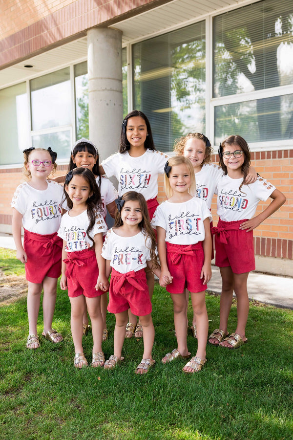 "Hello Pre-K - 6th Grade" Corduroy Short Set | Sparkle in Pink