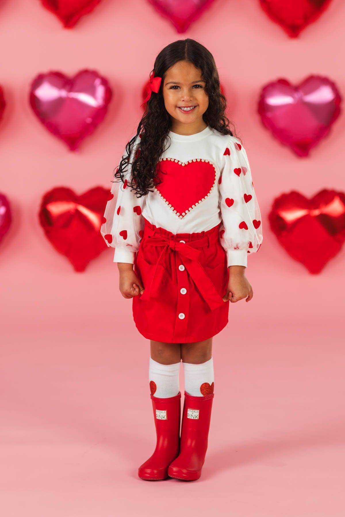 Hearts & Pearls Red Skirt Set or Onesie | Sparkle in Pink