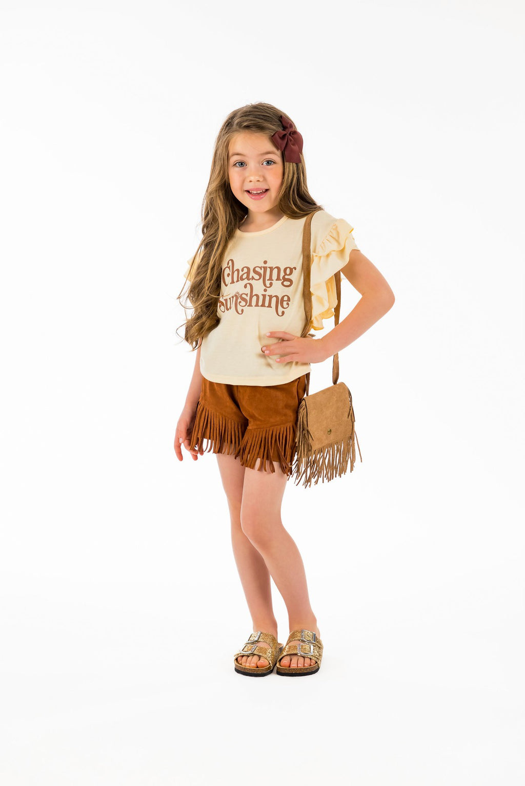"Chasing Sunshine" Brown Fringe Suede Short Set - Sparkle in Pink