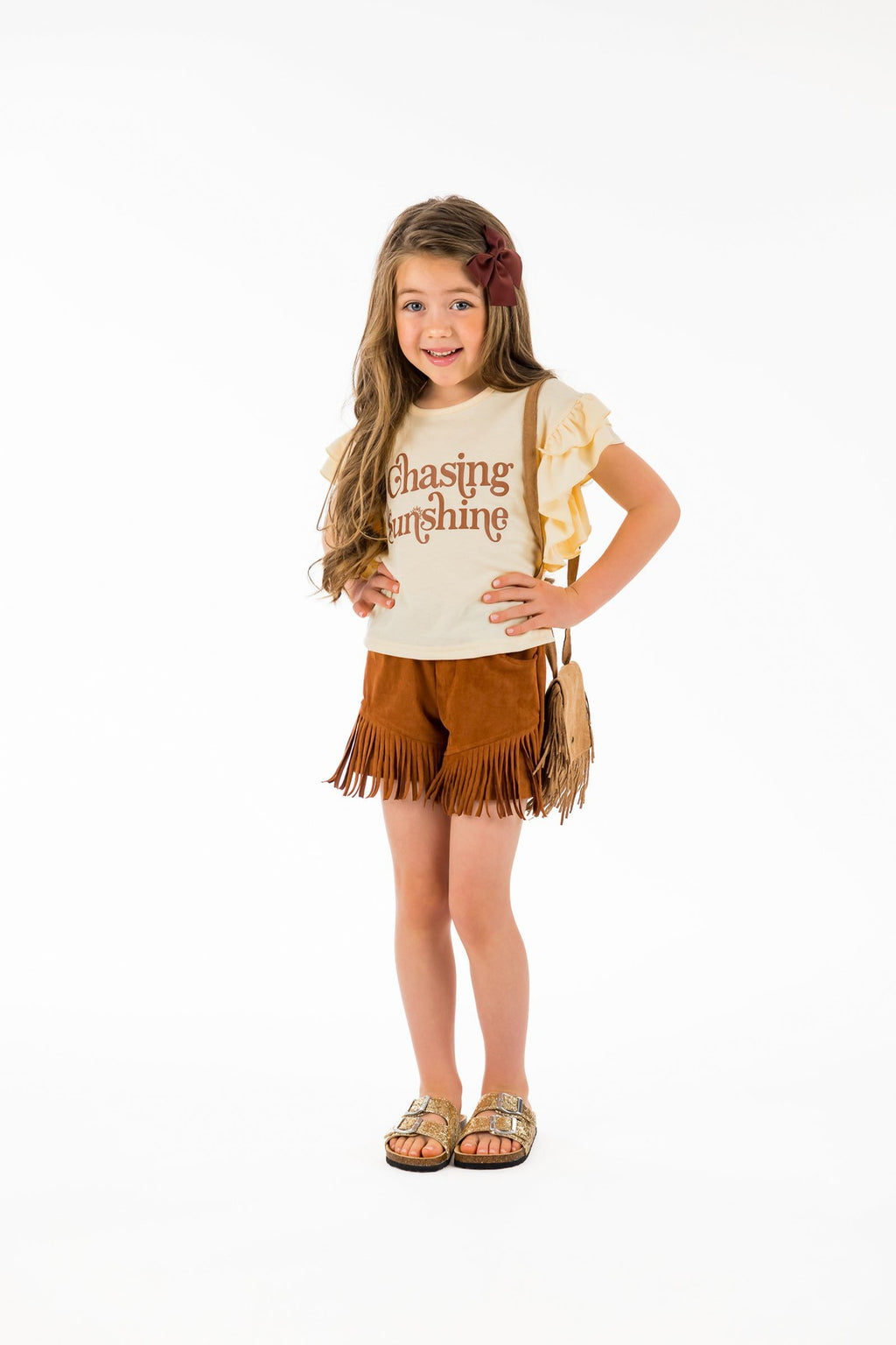"Chasing Sunshine" Brown Fringe Suede Short Set - Sparkle in Pink