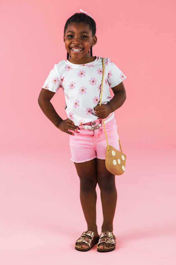 White & Pink Flower Print Denim Short Set | Sparkle in Pink
