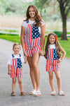 Mom & Kid - American Flag Denim Overalls | Sparkle in Pink