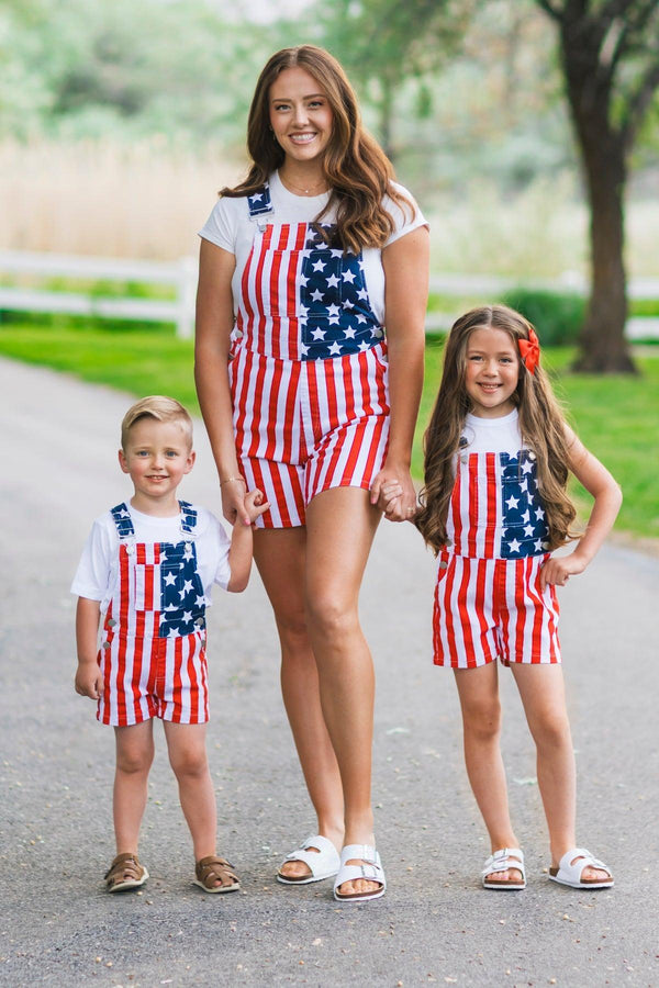 Mom & Kid - American Flag Denim Overalls | Sparkle in Pink