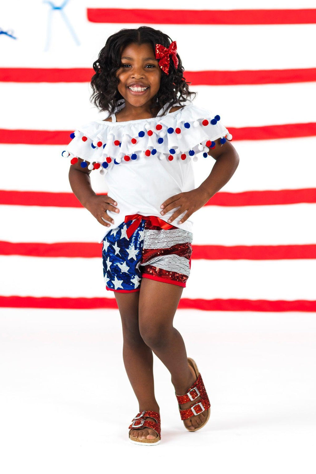 White Pom Pom Sequin Flag Short Set | Sparkle in Pink