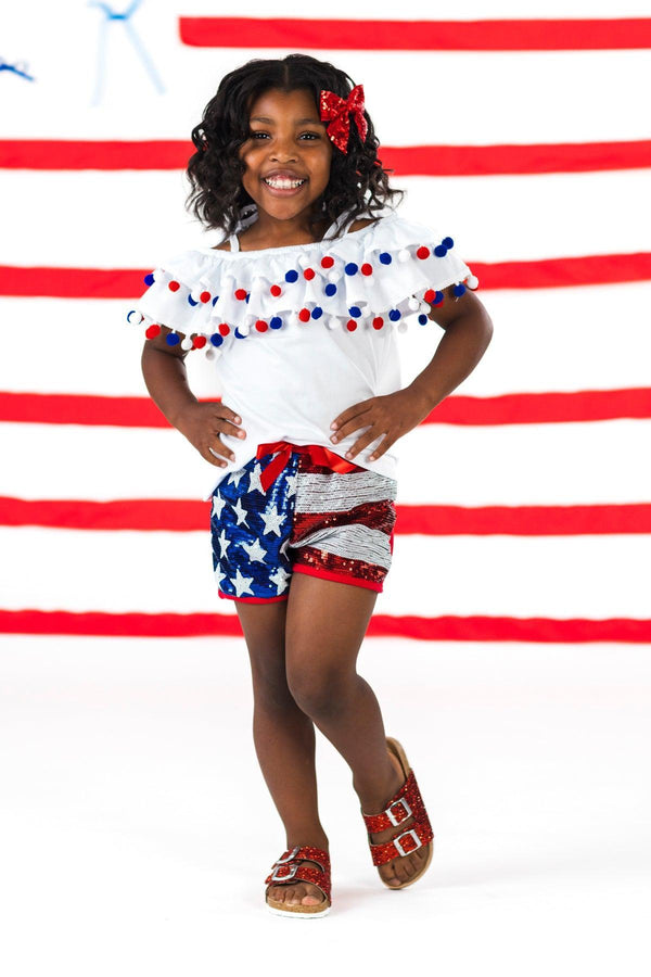 White Pom Pom Sequin Flag Short Set | Sparkle in Pink