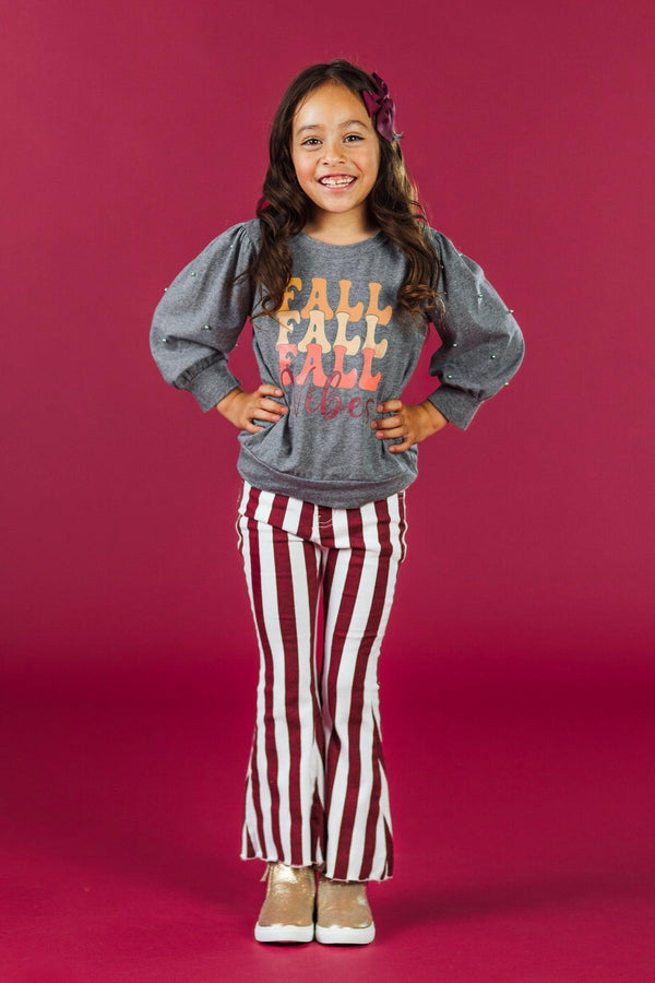 "Fall Vibes" Burgundy Striped Bell Bottom Set