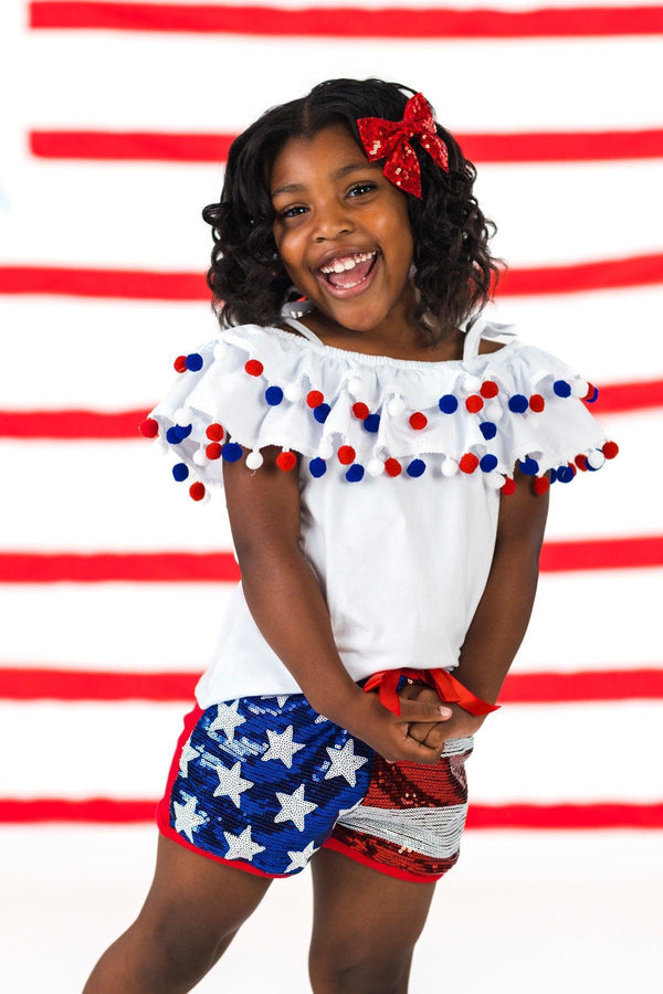 White Pom Pom Sequin Flag Short Set | Sparkle in Pink