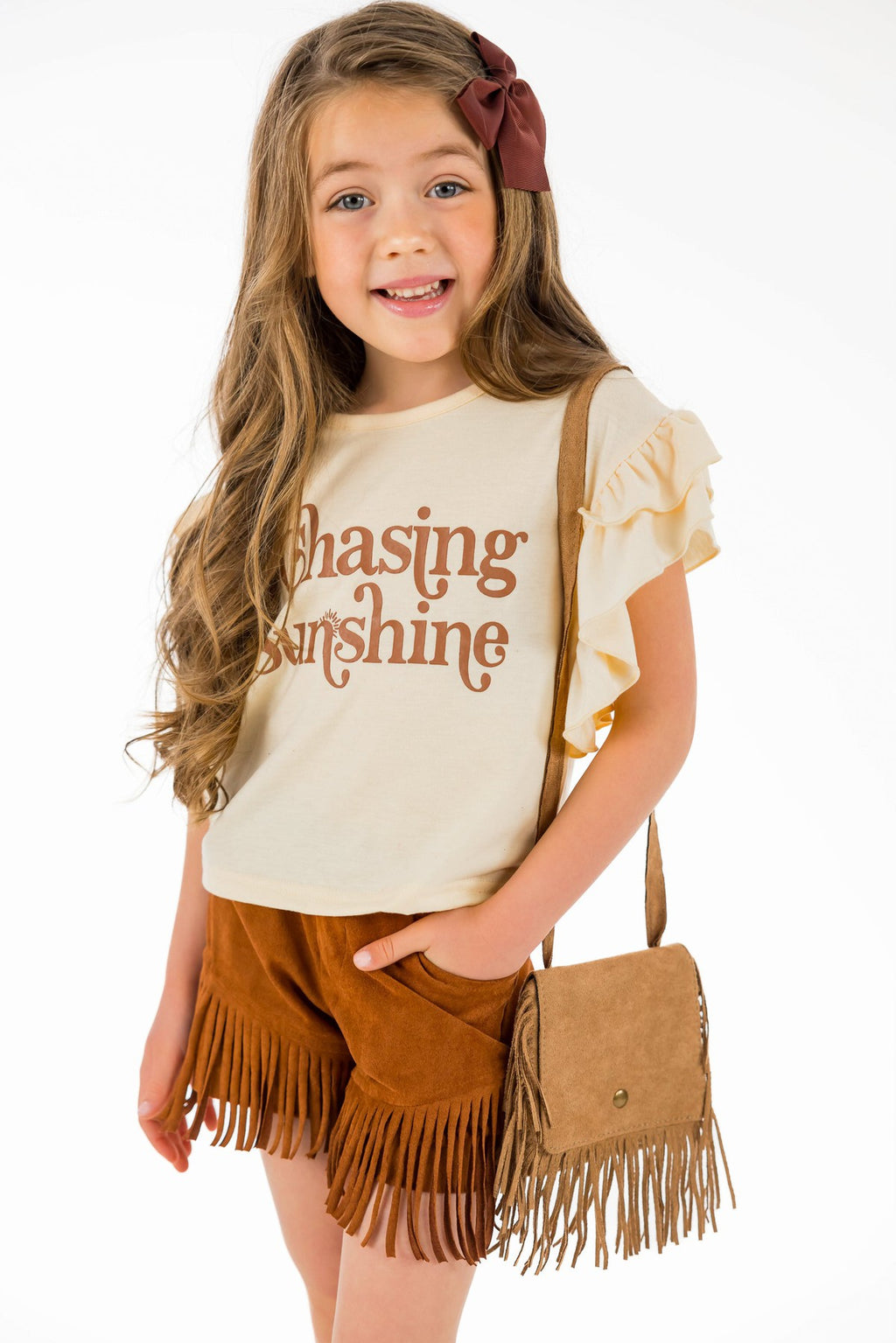 "Chasing Sunshine" Brown Fringe Suede Short Set - Sparkle in Pink