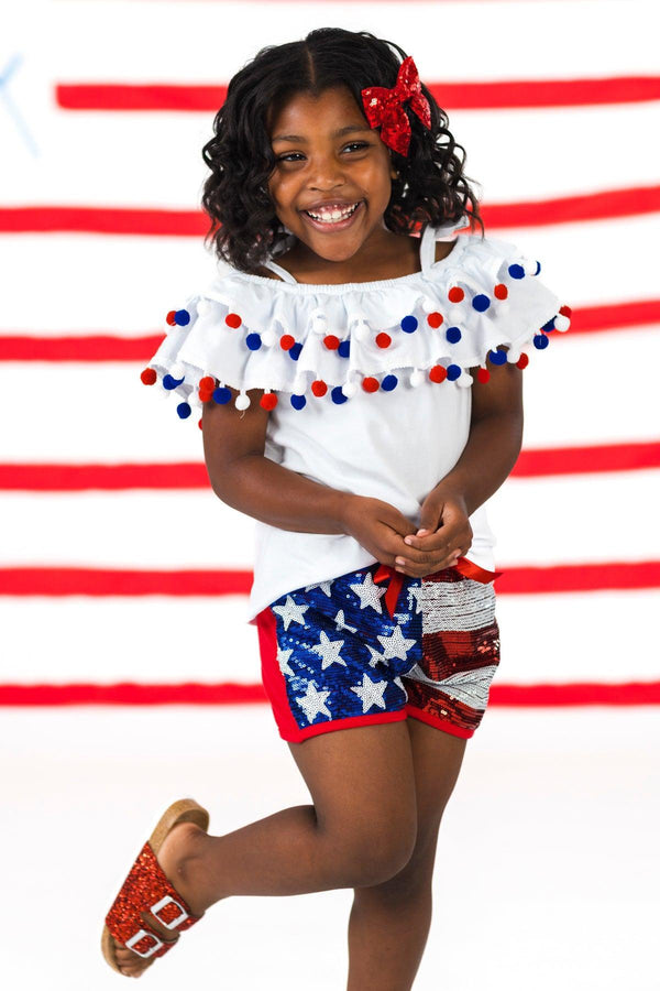 White Pom Pom Sequin Flag Short Set